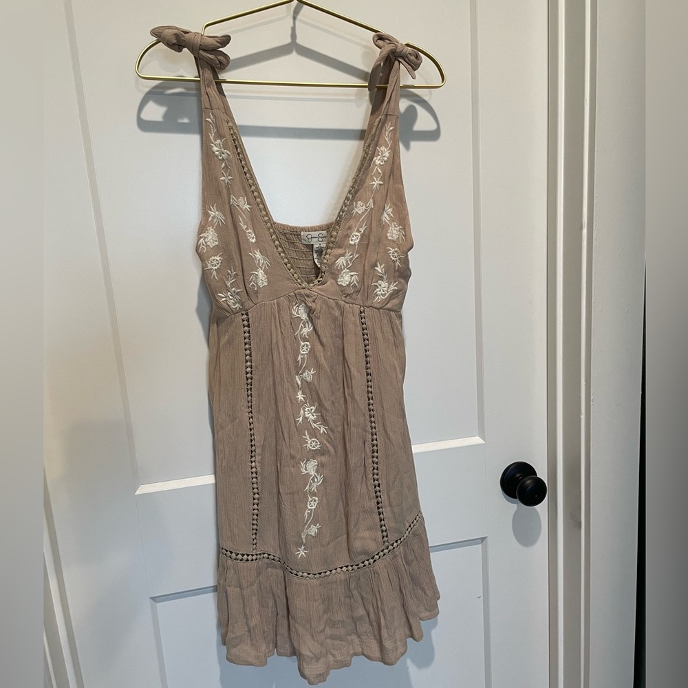 Embroidered Adjustable Straps  Low V Dress